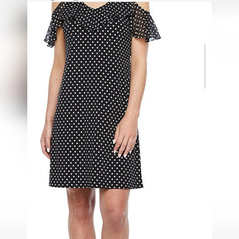MSK Ruffle Cold Shoulder Black & White Dot Shift Dress - Picture 1 of 10